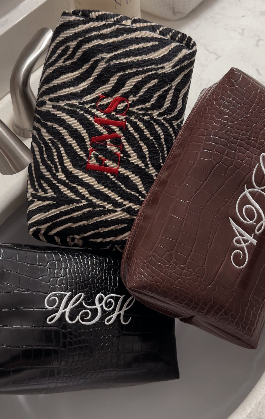 Embroidered Zebra Print Cosmetic Bag: Personalized Makeup Bag