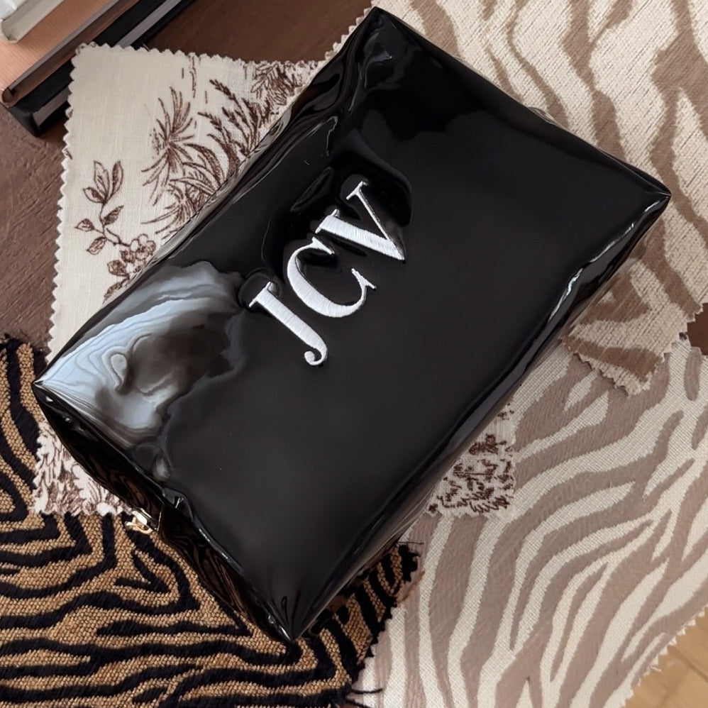 Vegan Patent Pending Leather Embroidered Makeup Bag