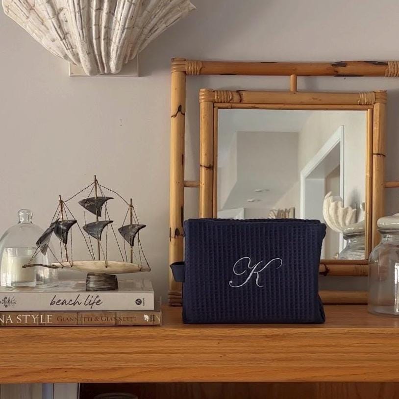 Big Letter Embroidered Navy Waffle Cosmetic Makeup Bag I Embroidered Makeup Bag I Custom Embroidery I Custom Makeup Bag