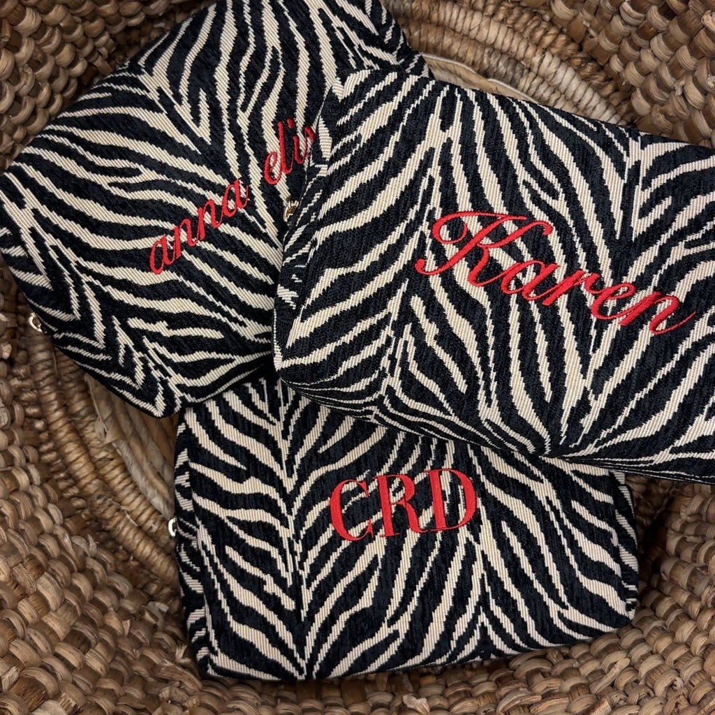 Embroidered Zebra Print Cosmetic Bag