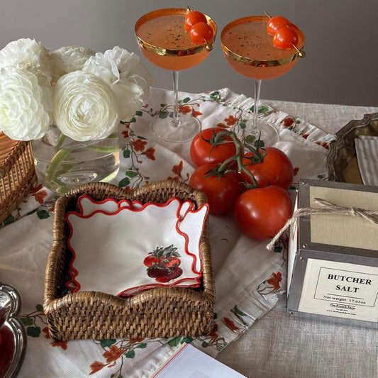 Set of Four Red Scalloped Outline Tomato Embroidered Cocktail Napkin I Cocktail Napkins I Nancy Myers Aesthetic | Vegtable Cocktail Napkins
