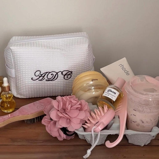 Personalized Embroidered White Waffle Cosmetic Makeup Bag I Embroidered Makeup Bag I Custom Embroidery I Custom Makeup Bag