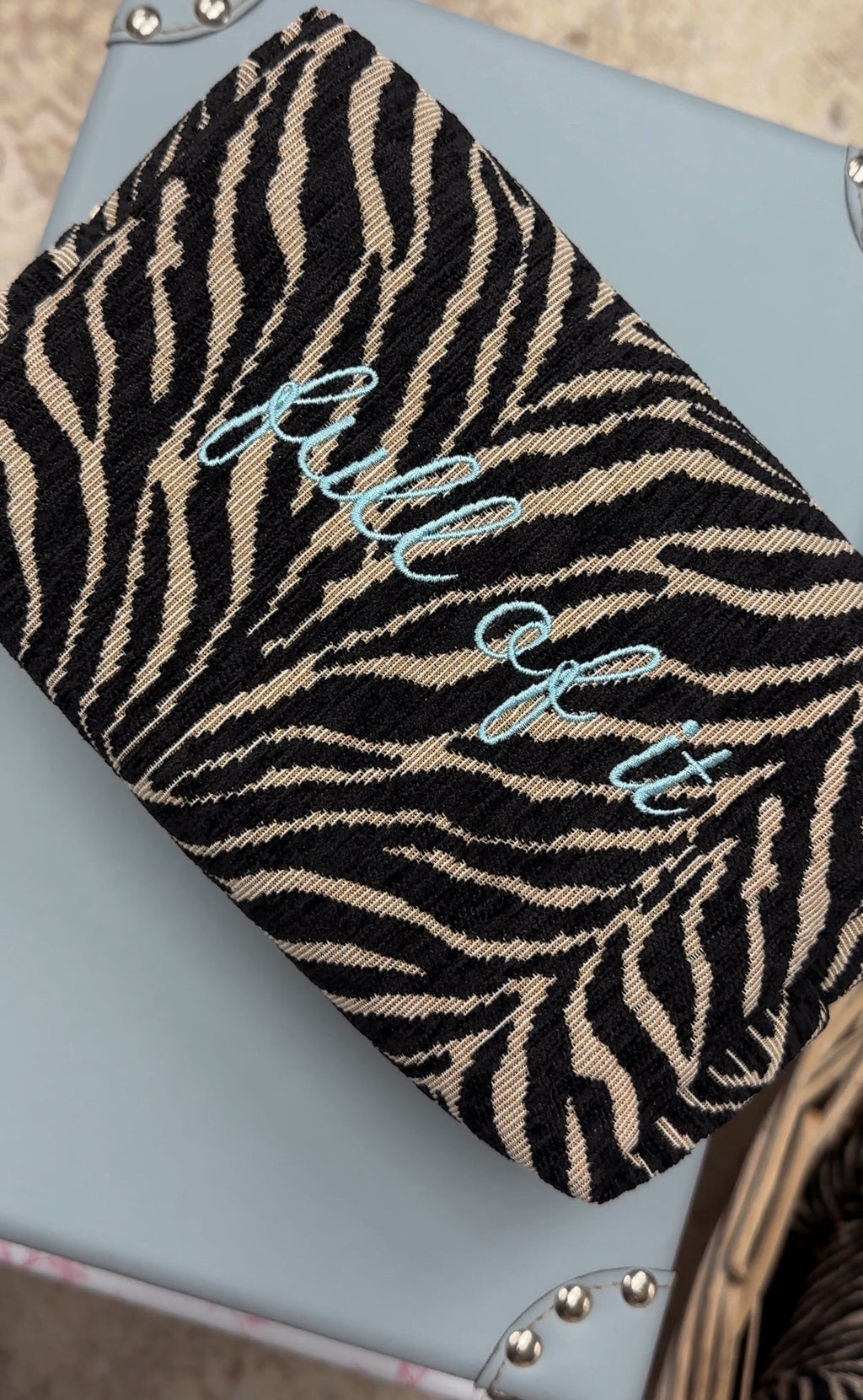 Embroidered Zebra Print Cosmetic Bag: Personalized Makeup Bag