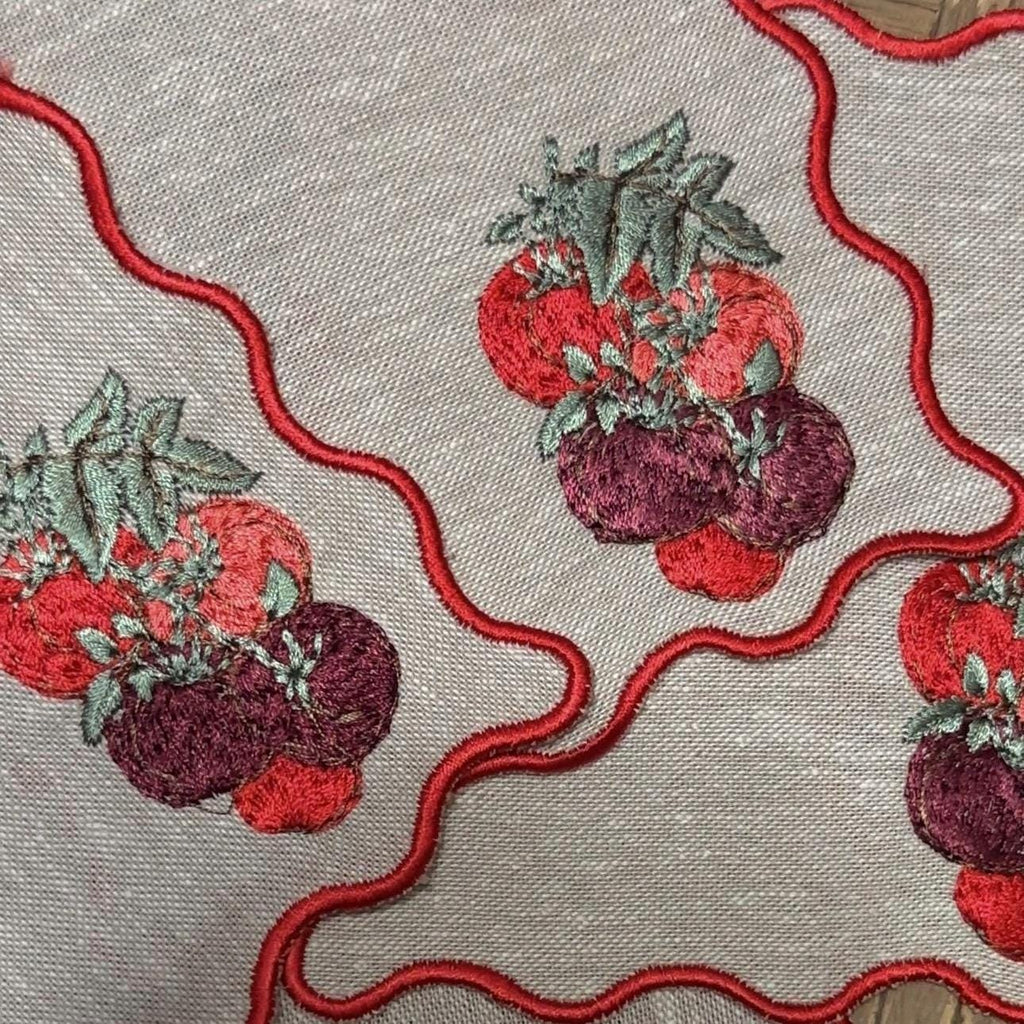 Set of Four Red Scalloped Outline Tomato Embroidered Cocktail Napkin I Cocktail Napkins I Nancy Myers Aesthetic | Vegtable Cocktail Napkins