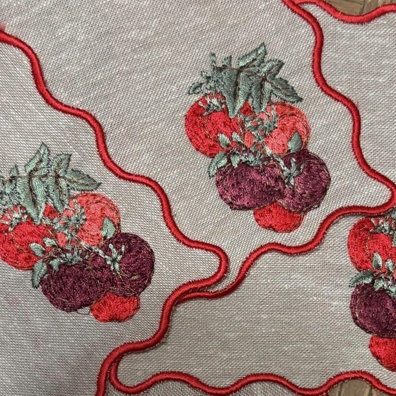Set of Four Red Scalloped Outline Tomato Embroidered Cocktail Napkin I Cocktail Napkins I Nancy Myers Aesthetic | Vegtable Cocktail Napkins