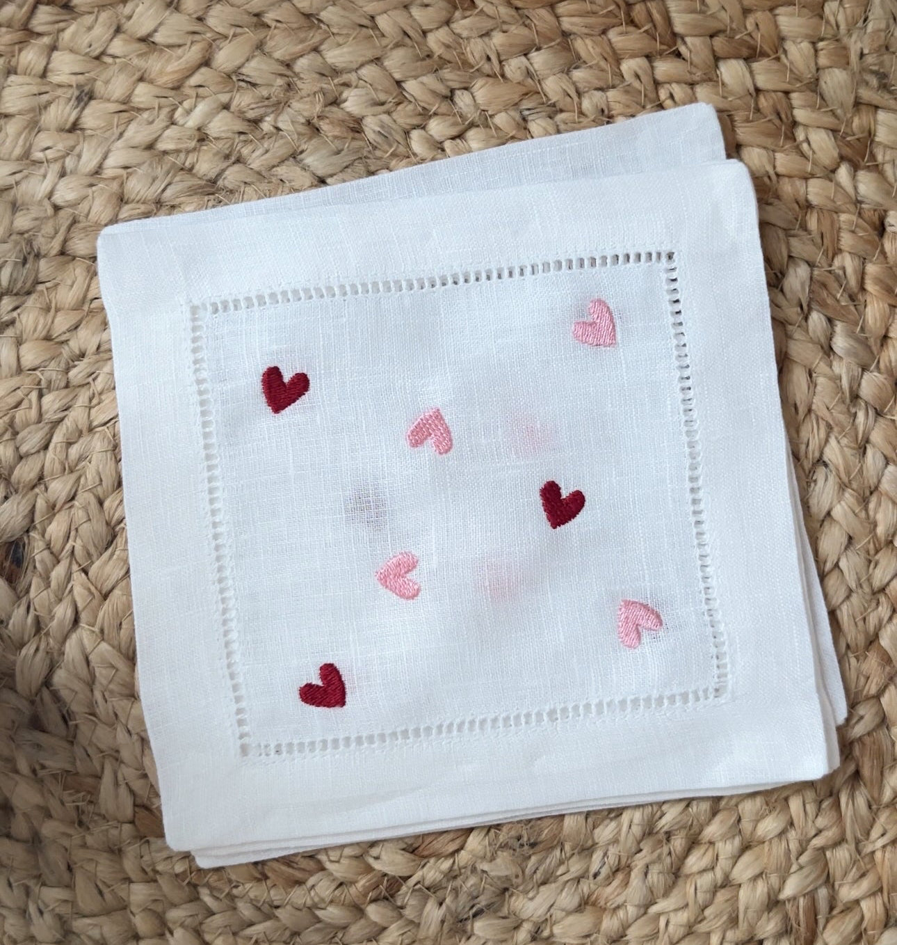 Embroidered Linen Cocktail Napkins: Valentines Pink and Red Scattered Heart Napkins