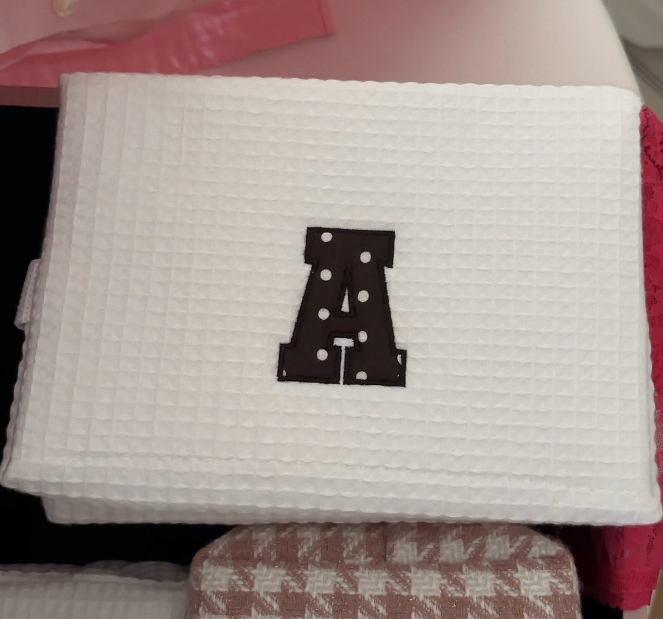 Personalized Brown Polka Dot Embroidered White Waffle Cosmetic Makeup Bag I Embroidered Makeup Bag I Custom Embroidery I Custom Makeup Bag
