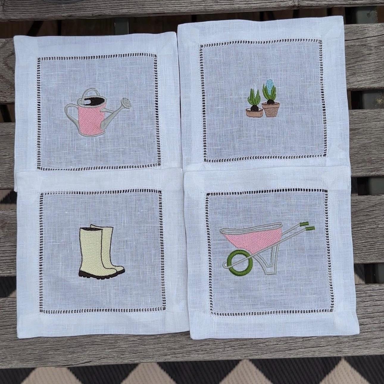 Set of Four Garden Cocktail Napkins I Cocktail napkins I Embroidered Cocktail Napkins | Wheelbarrow | Watering Can | Flowers | Garden Boots