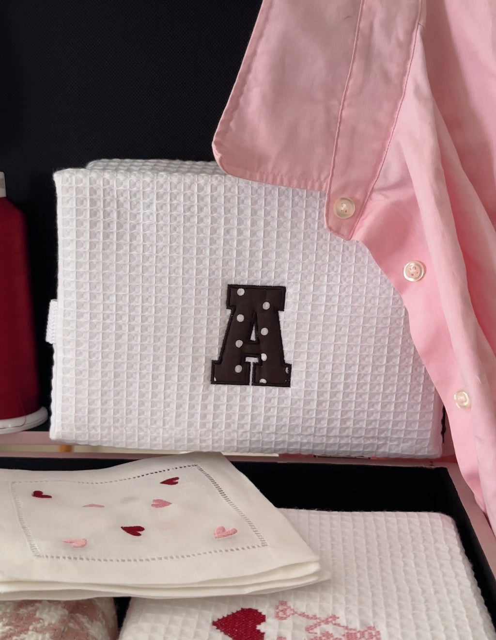 Personalized Brown Polka Dot Embroidered White Waffle Cosmetic Makeup Bag I Embroidered Makeup Bag I Custom Embroidery I Custom Makeup Bag