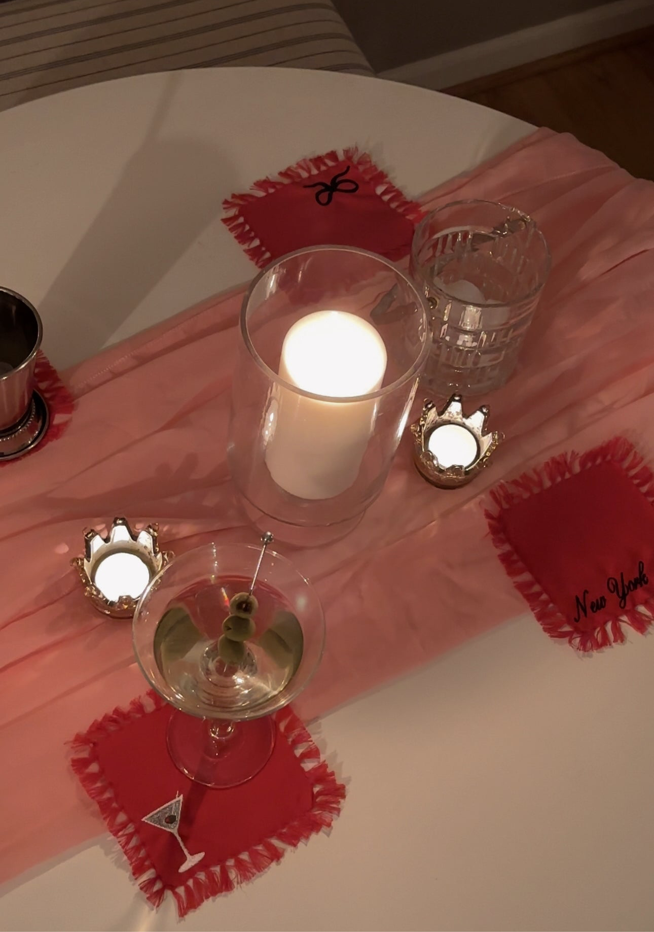 Embroidered Fringe Cocktail Napkins: New York, Dirty Martini, Dice, Bow | NY Cocktail Napkins