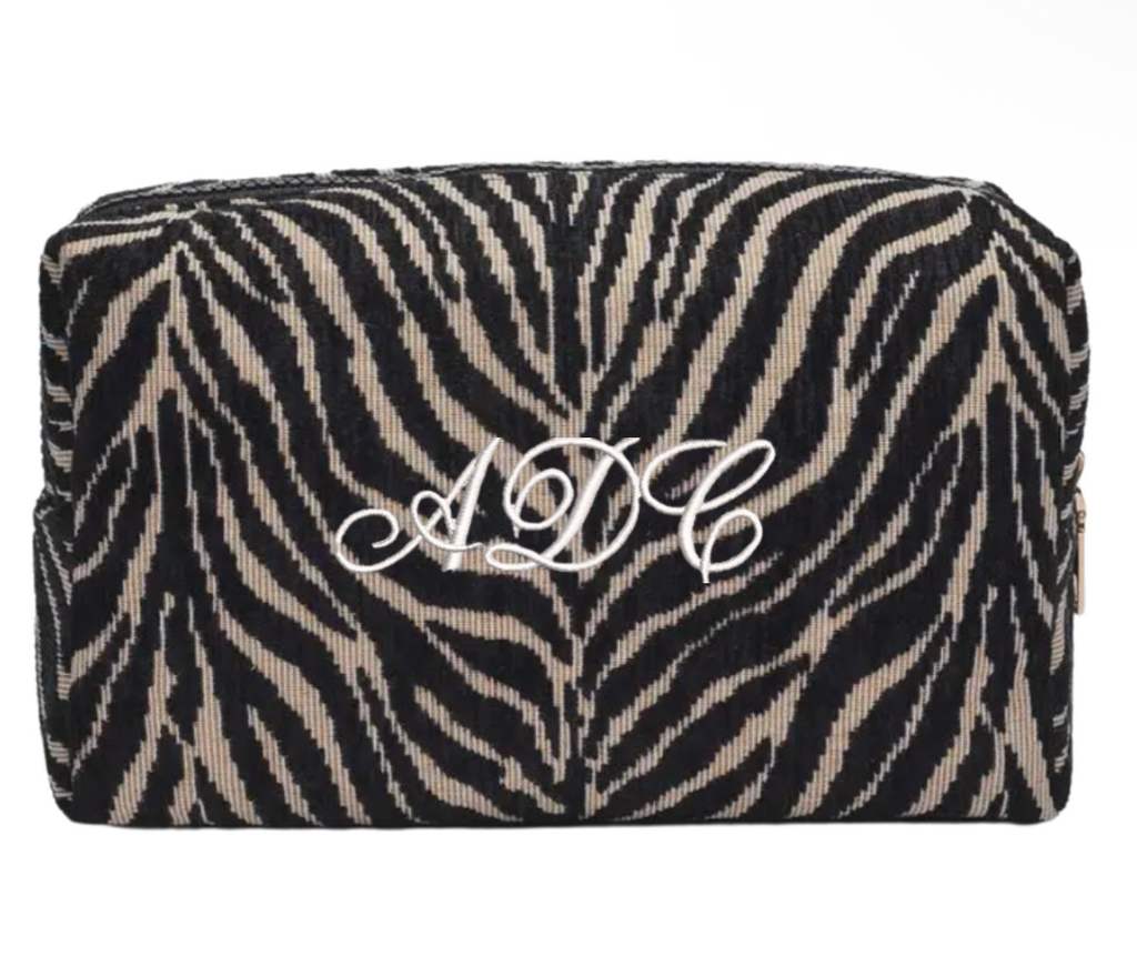 Embroidered Zebra Print Cosmetic Bag: Personalized Makeup Bag