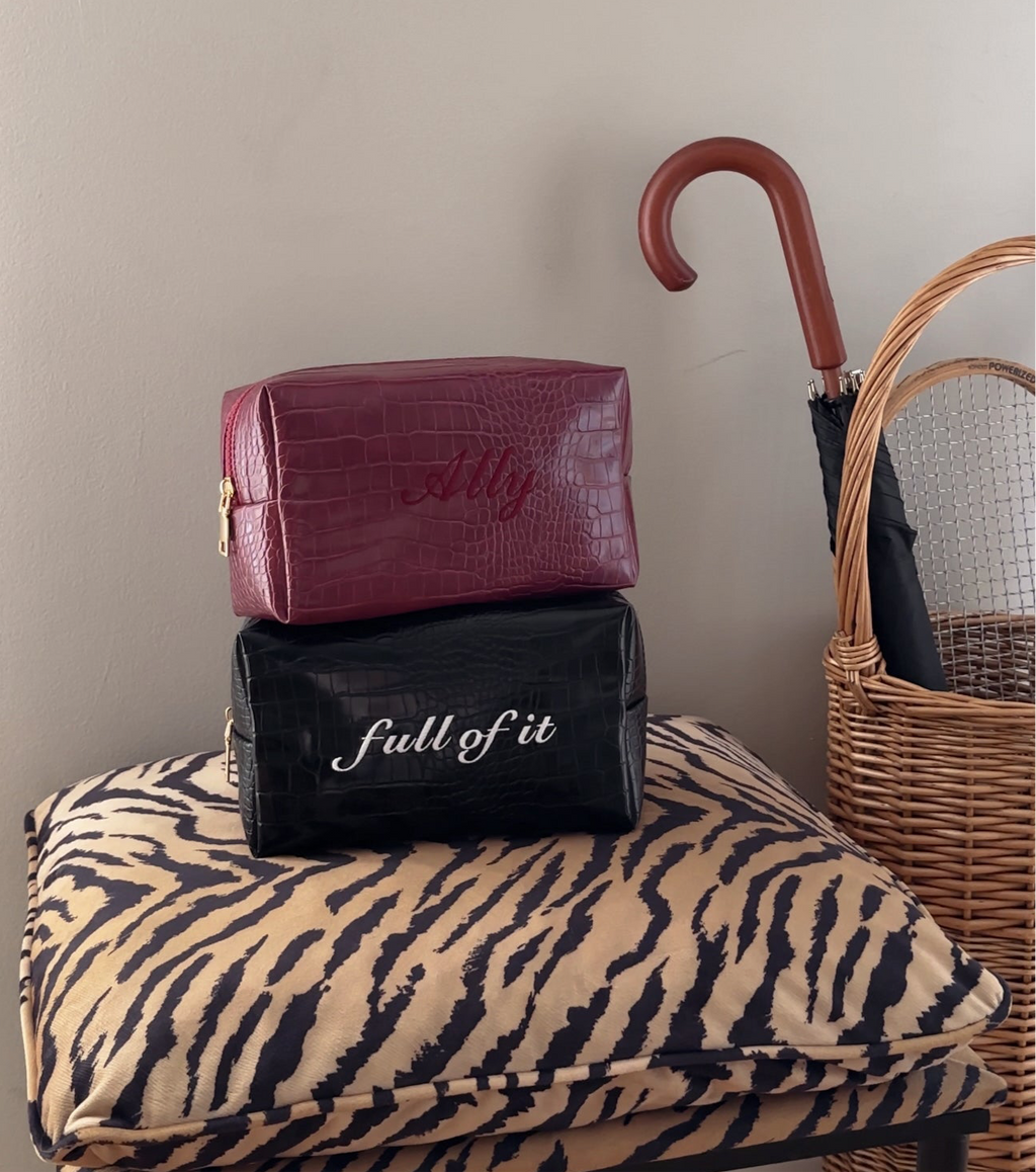 Croc Vegan Leather Embroidered Makeup Bag: Personalized Cosmetic Bag