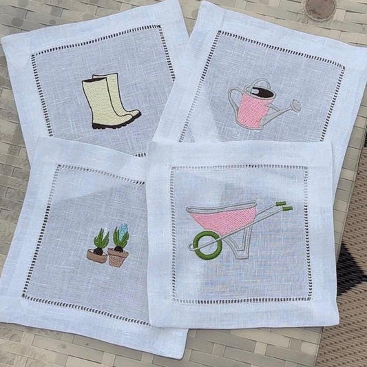 Set of Four Garden Cocktail Napkins I Cocktail napkins I Embroidered Cocktail Napkins | Wheelbarrow | Watering Can | Flowers | Garden Boots