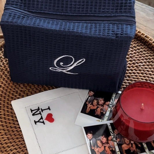Big Letter Embroidered Navy Waffle Cosmetic Makeup Bag I Embroidered Makeup Bag I Custom Embroidery I Custom Makeup Bag