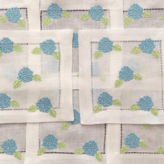 Set of Hydrangea Embroidered Cocktail Napkins I Cocktail Napkins I Embroidered Cocktail Napkins | Rhode Island | Nantucket | Coastal