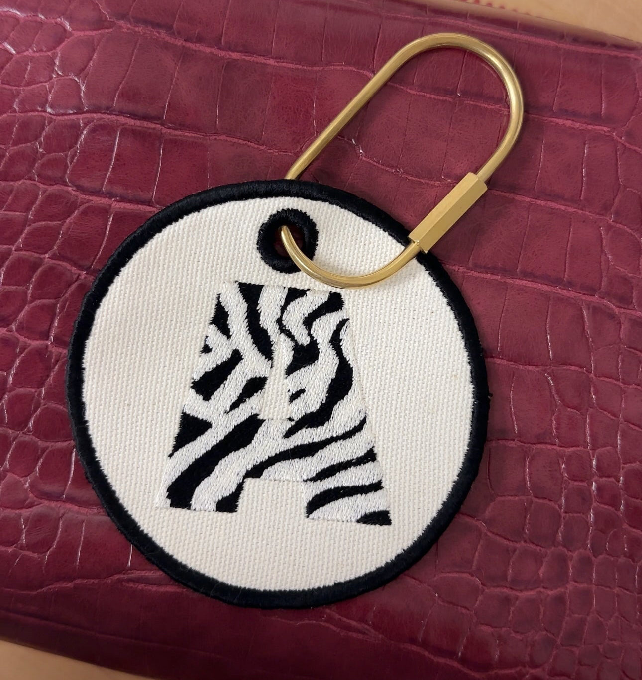 Personalized Embroidered Zebra/Cross Stitch Letter Keychain Tag