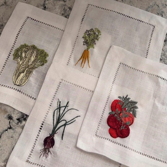 Set of Four Veggie Cocktail Napkins I Cocktail napkins I Embroidered Cocktail Napkins
