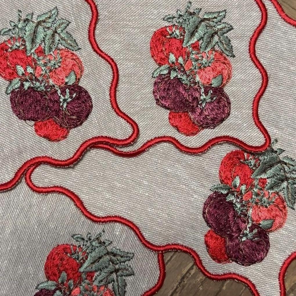 Set of Four Red Scalloped Outline Tomato Embroidered Cocktail Napkin I Cocktail Napkins I Nancy Myers Aesthetic | Vegtable Cocktail Napkins