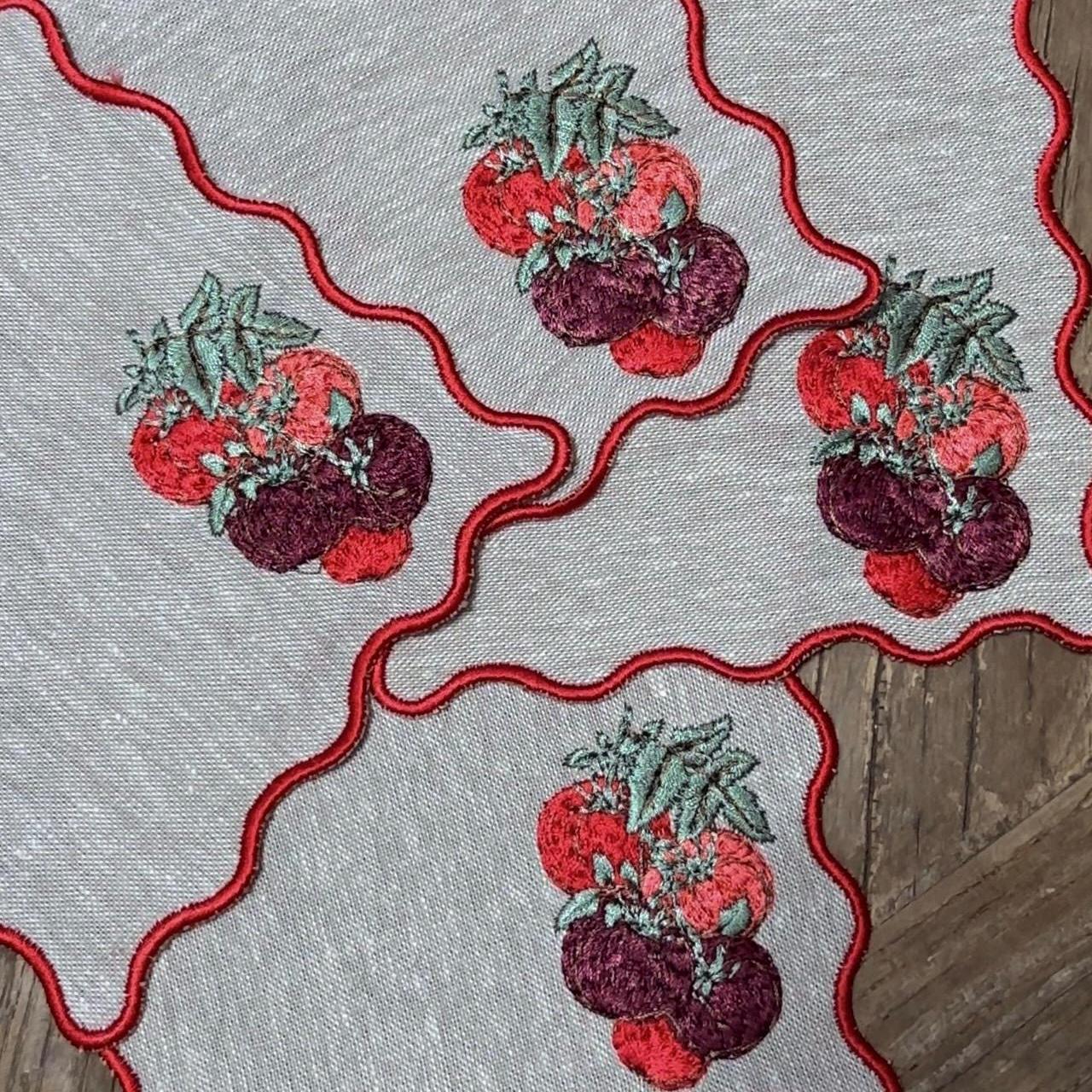 Set of Four Red Scalloped Outline Tomato Embroidered Cocktail Napkin I Cocktail Napkins I Nancy Myers Aesthetic | Vegtable Cocktail Napkins