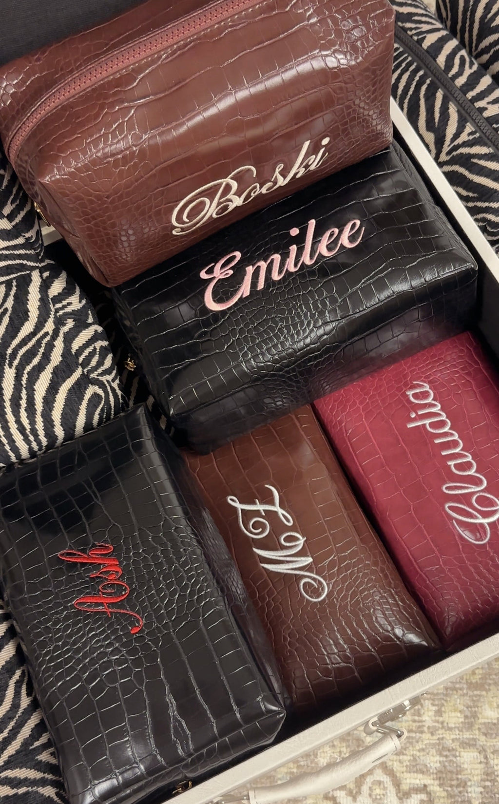 Croc Vegan Leather Embroidered Makeup Bag: Personalized Cosmetic Bag