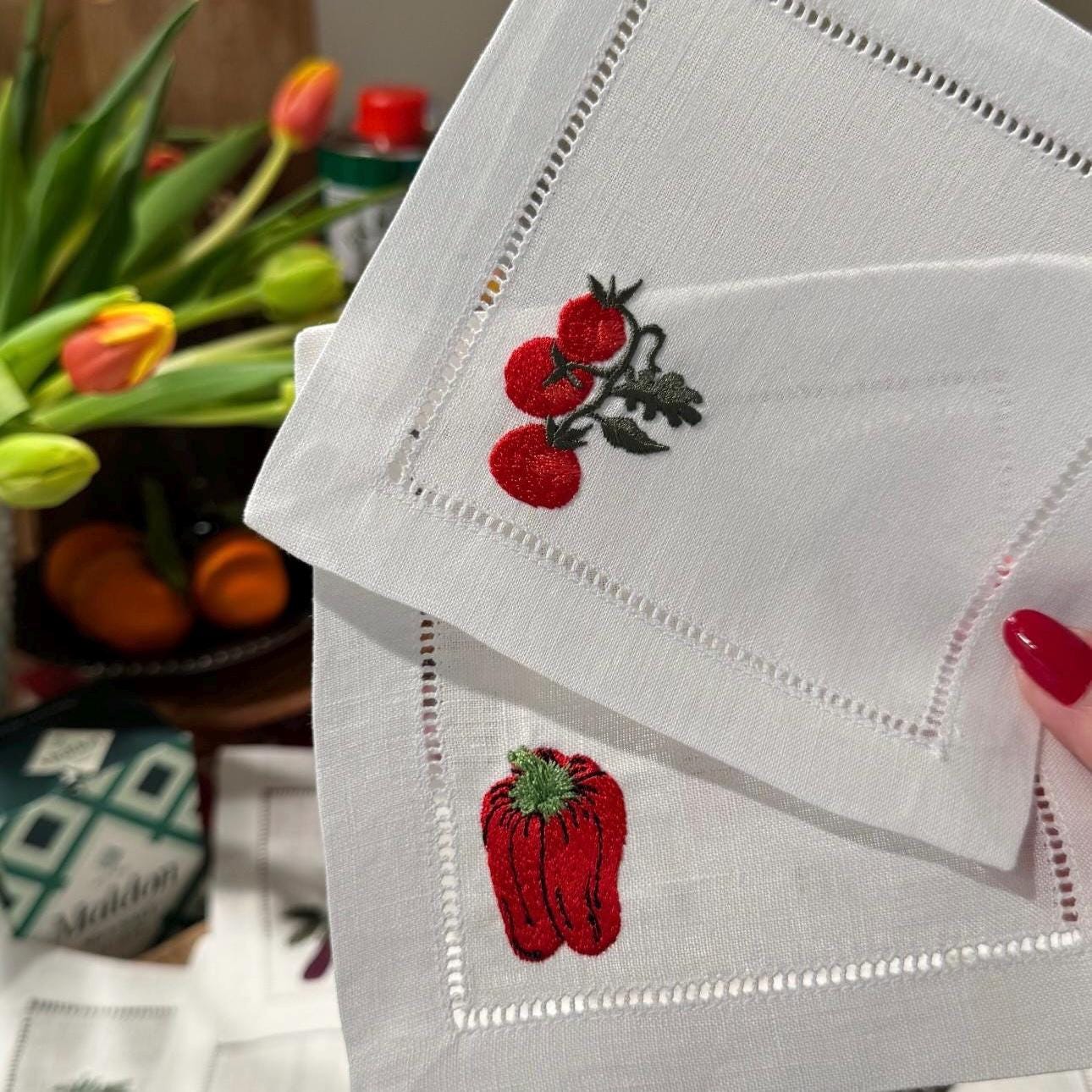 Set of Veggie Cocktail Napkins I Cocktail napkins I Embroidered Cocktail Napkins I Red Pepper I Beet I Tomato I Cabbage | Onion | Carrot