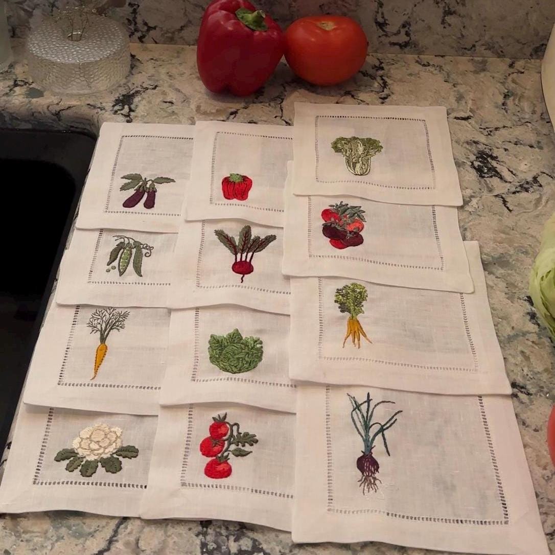 Set of Veggie Cocktail Napkins I Cocktail napkins I Embroidered Cocktail Napkins I Red Pepper I Beet I Tomato I Cabbage | Onion | Carrot