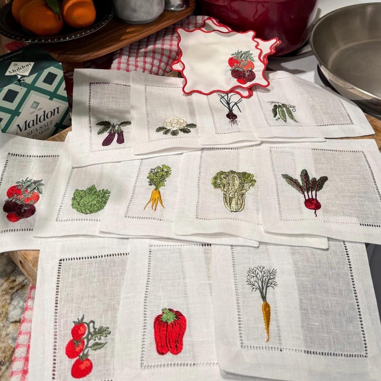 Set of Veggie Cocktail Napkins I Cocktail napkins I Embroidered Cocktail Napkins I Red Pepper I Beet I Tomato I Cabbage | Onion | Carrot