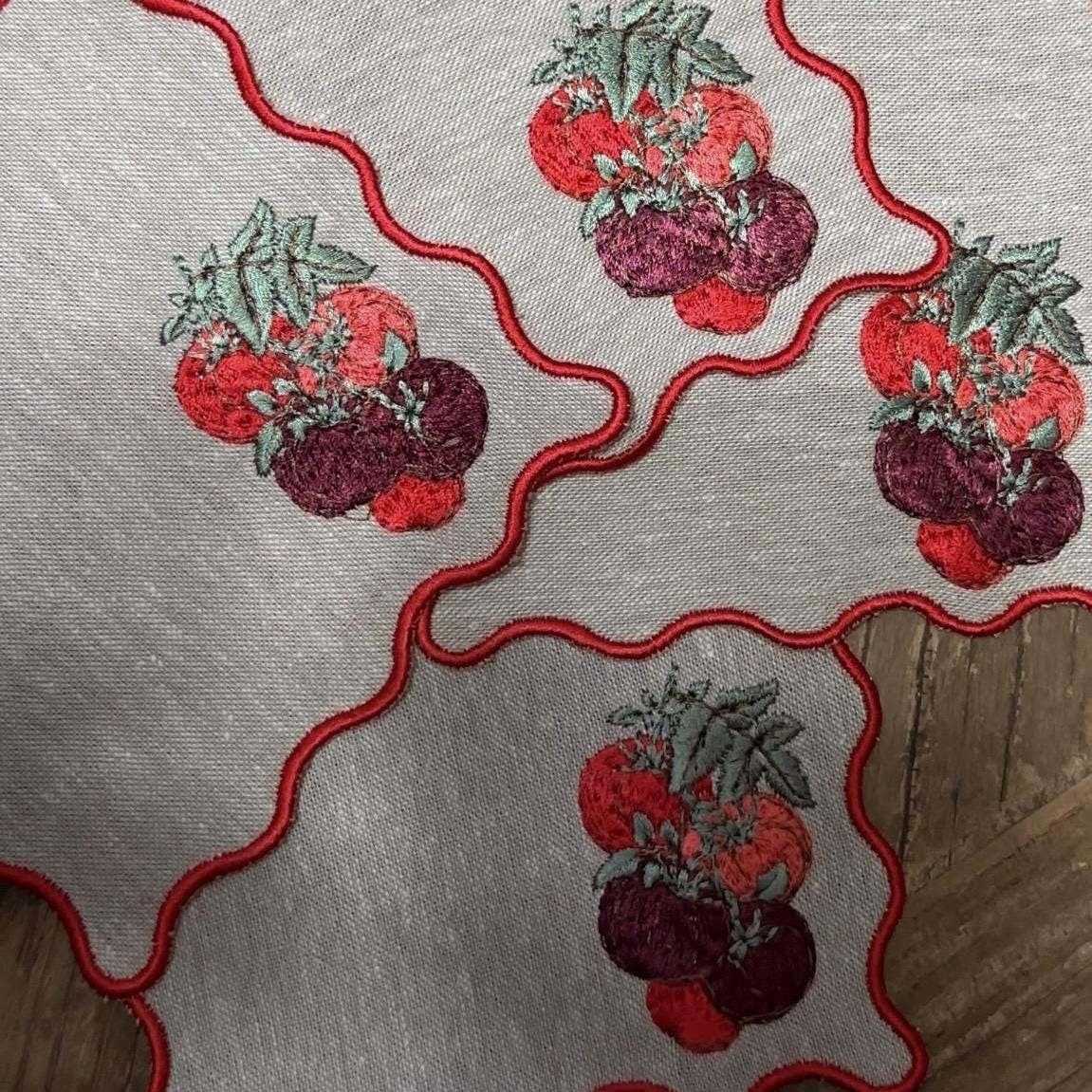 Set of Four Red Scalloped Outline Tomato Embroidered Cocktail Napkin I Cocktail Napkins I Nancy Myers Aesthetic | Vegtable Cocktail Napkins