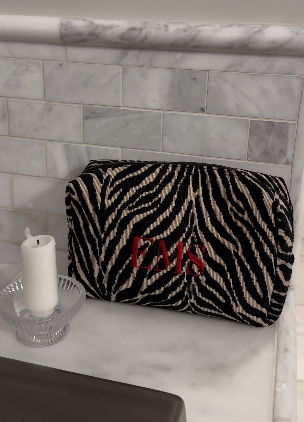 Embroidered Zebra Print Cosmetic Bag: Personalized Makeup Bag