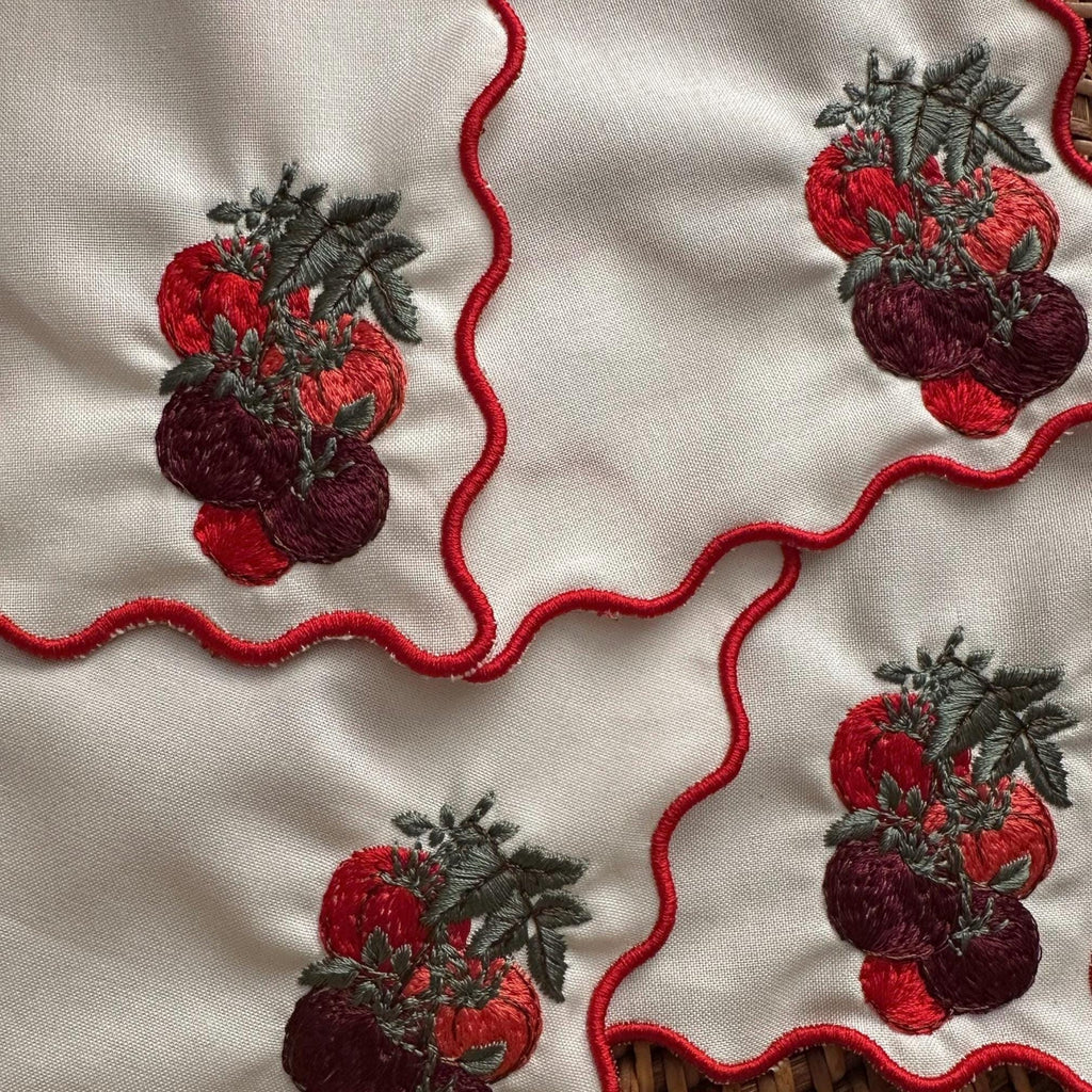 Set of Four Red Scalloped Outline Tomato Embroidered Cocktail Napkin I Cocktail Napkins I Nancy Myers Aesthetic | Vegtable Cocktail Napkins