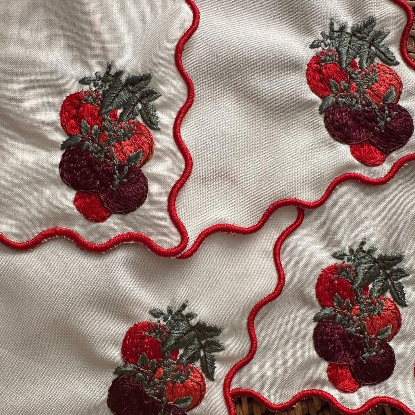Set of Four Red Scalloped Outline Tomato Embroidered Cocktail Napkin I Cocktail Napkins I Nancy Myers Aesthetic | Vegtable Cocktail Napkins
