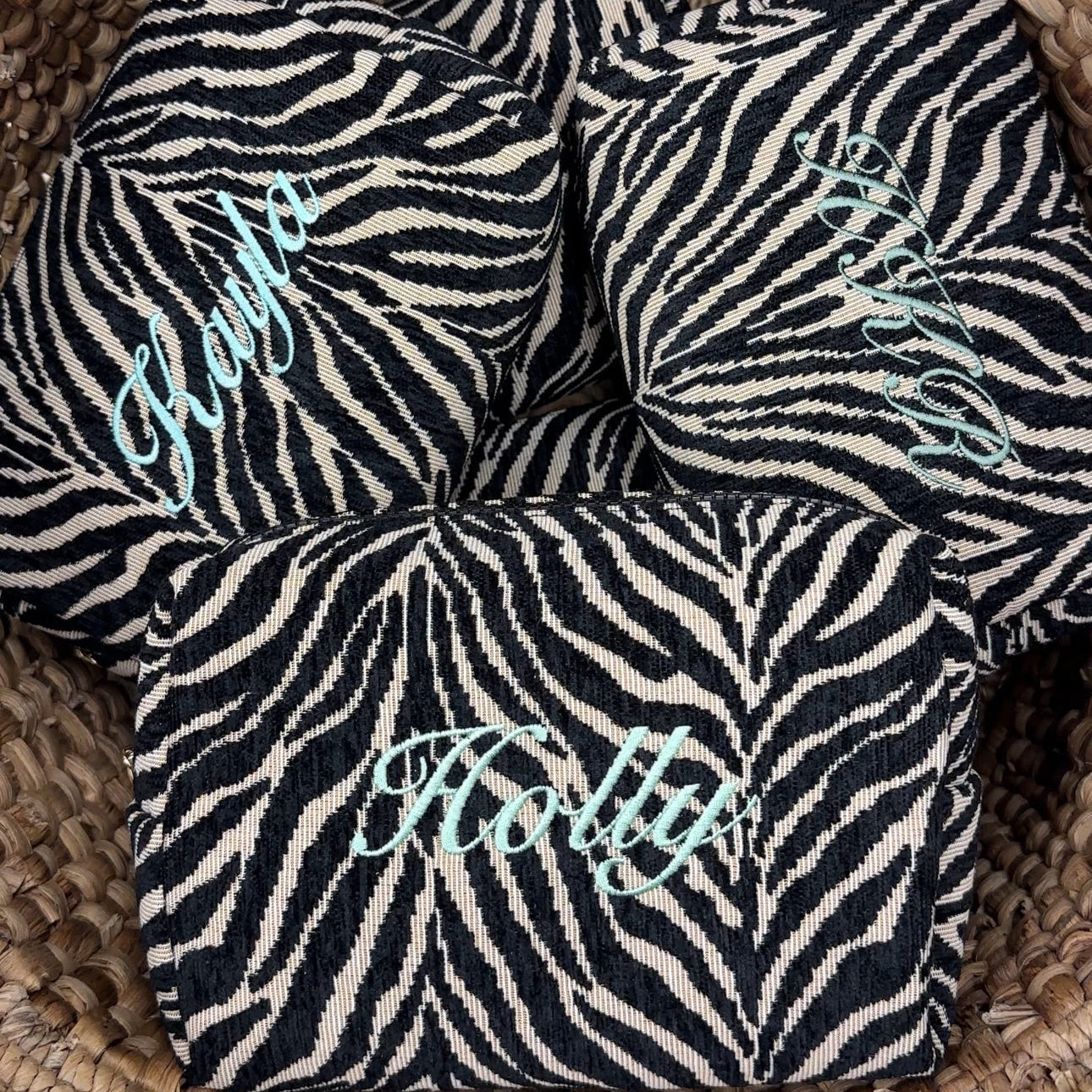 Embroidered Zebra Print Cosmetic Bag