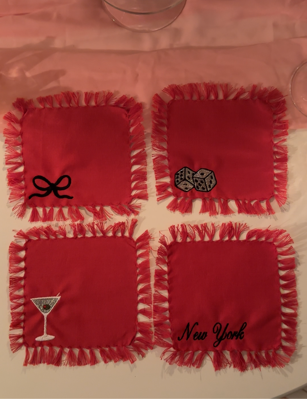 Embroidered Fringe Cocktail Napkins: New York, Dirty Martini, Dice, Bow | NY Cocktail Napkins