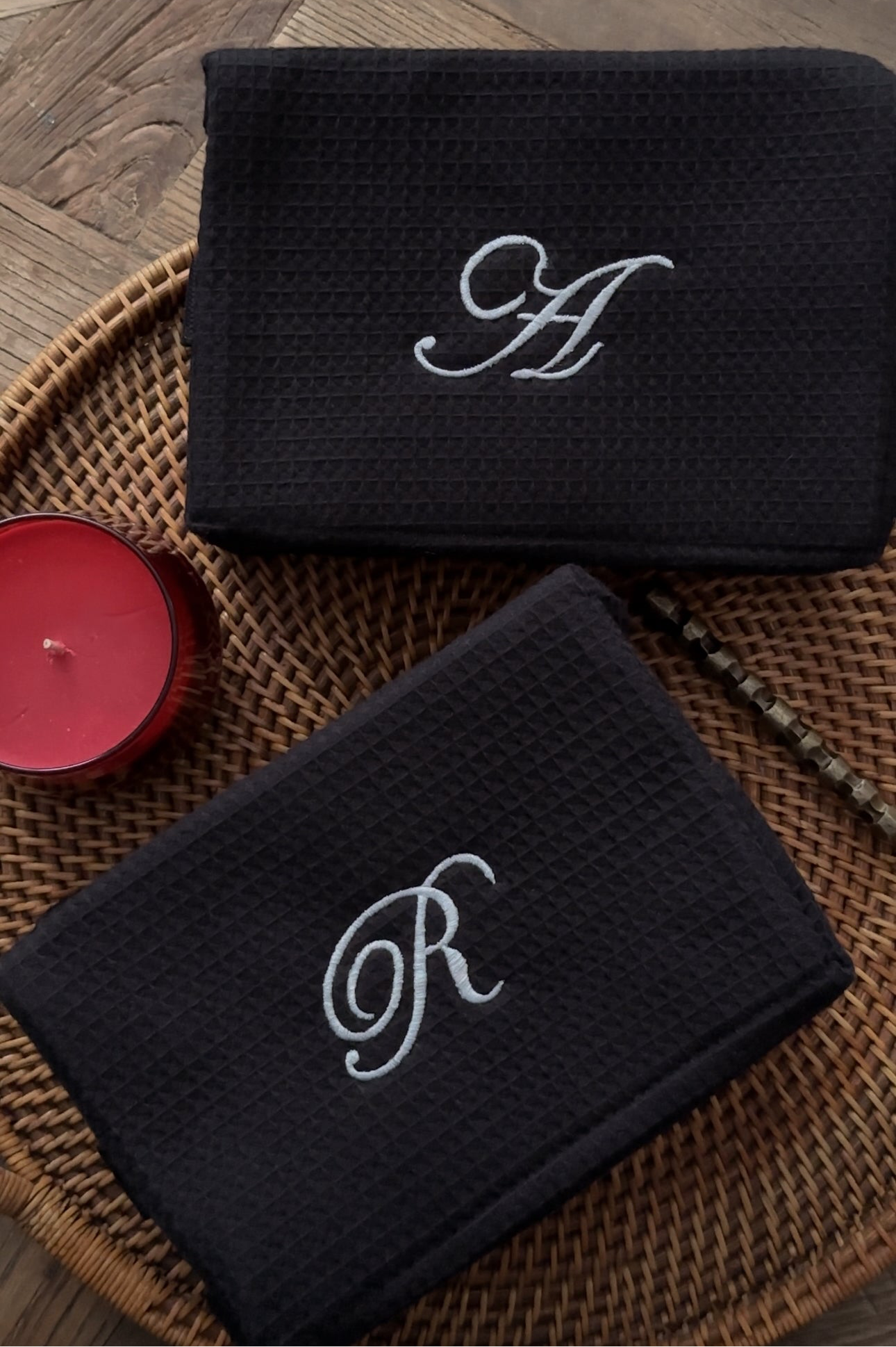 Big Letter Embroidered Navy Waffle Cosmetic Makeup Bag I Embroidered Makeup Bag I Custom Embroidery I Custom Makeup Bag