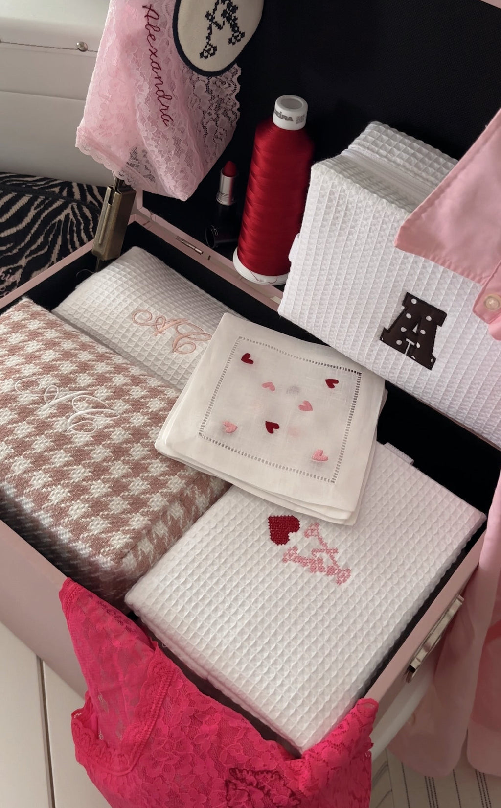 Personalized Cross Stitch Pattern Valentines Embroidered White Waffle Cosmetic Makeup Bag I Embroidered Makeup Bag