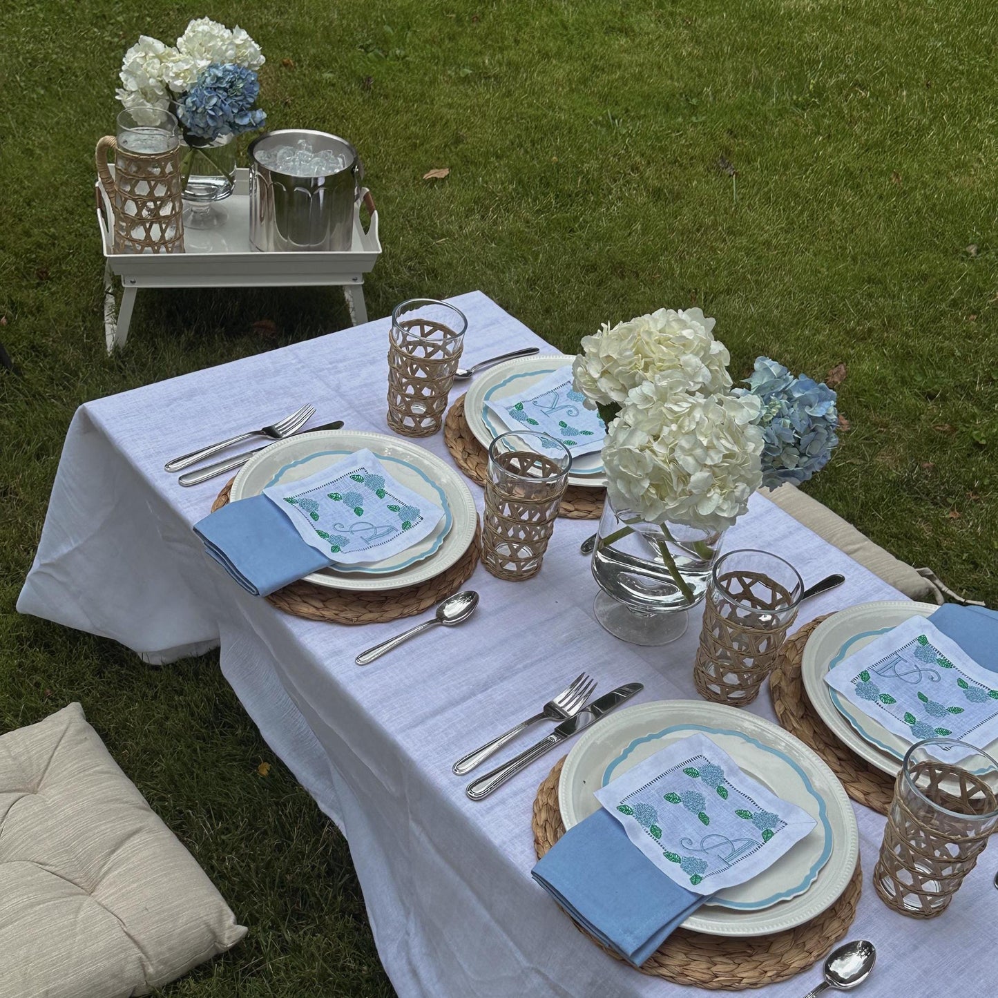 Set of Hydrangea Customized Initial Embroidered Cocktail Napkins I Cocktail Napkins I Embroidered Cocktail Napkins