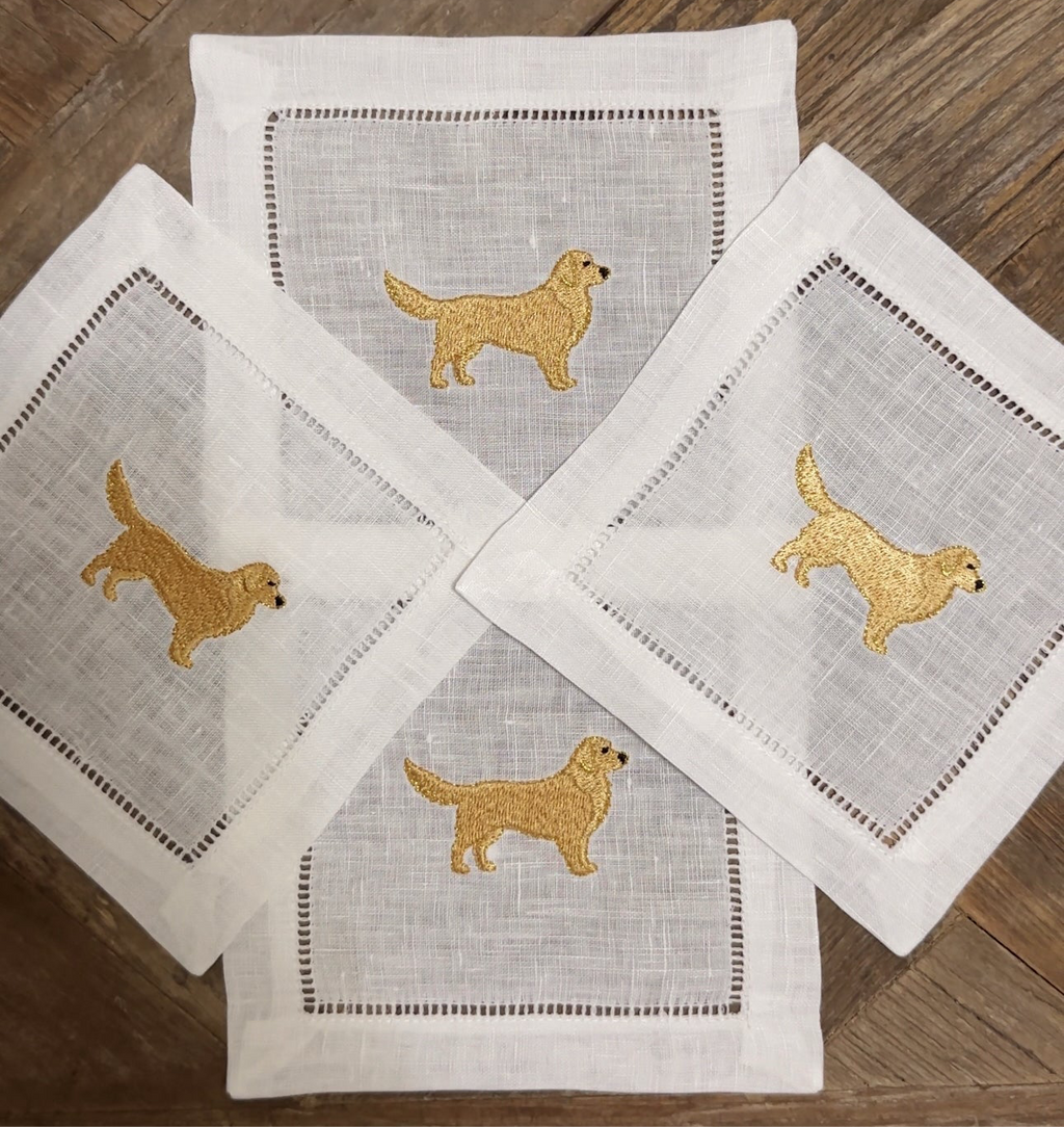 Golden Retriever Embroidered Linen Cocktail Napkins | Animal Embroidered Linen Cocktail Napkins
