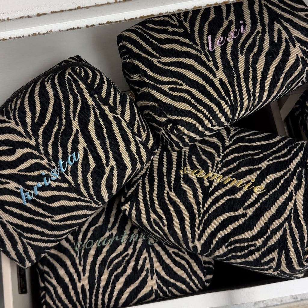 Embroidered Zebra Print Cosmetic Bag