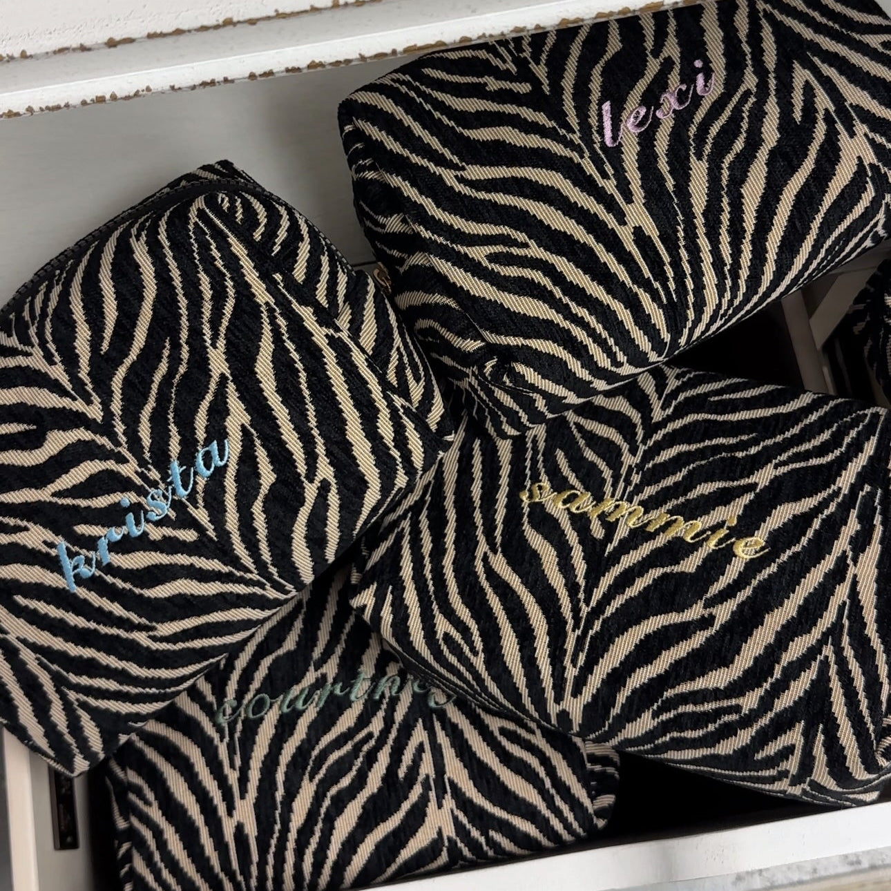 Embroidered Zebra Print Cosmetic Bag