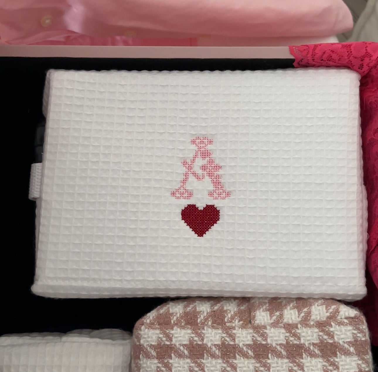 Personalized Cross Stitch Pattern Valentines Embroidered White Waffle Cosmetic Makeup Bag I Embroidered Makeup Bag