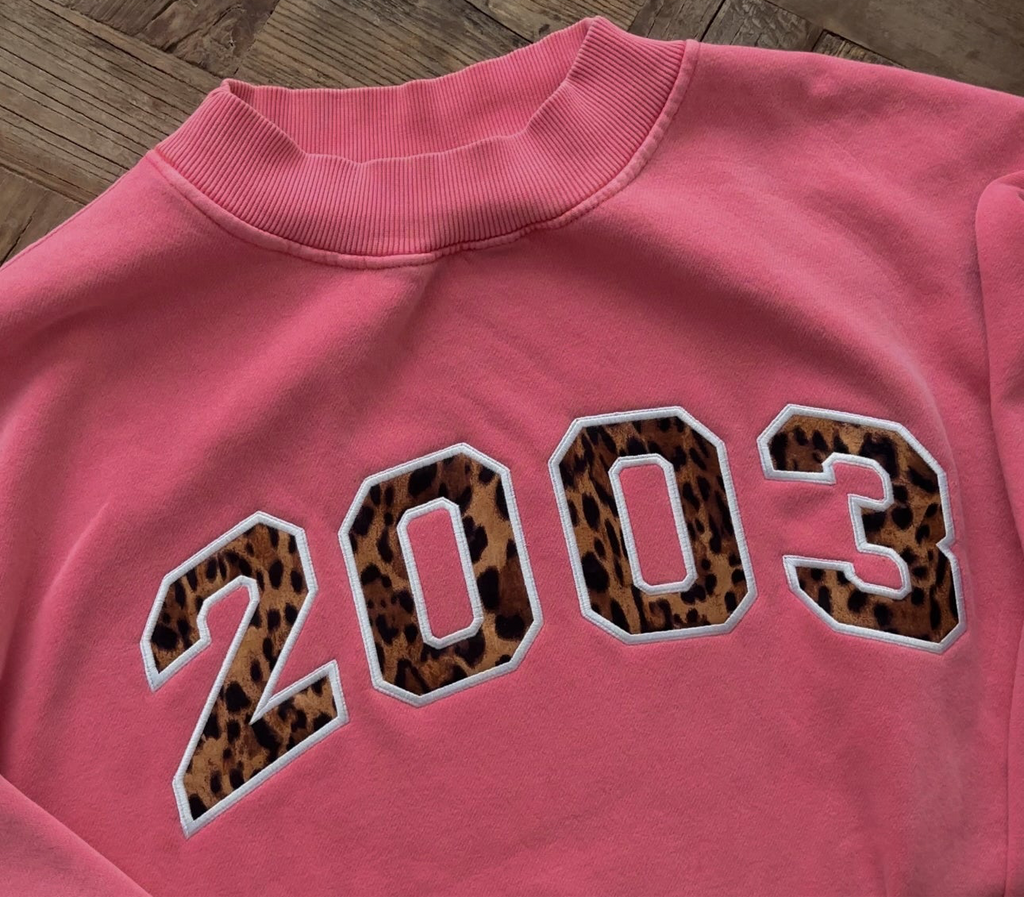 Varsity Font Embroidered Personalized Applique Oversized Mockneck Crewneck I Oversized Mockneck Crewneck | Pink/Blue/Green | Cheetah