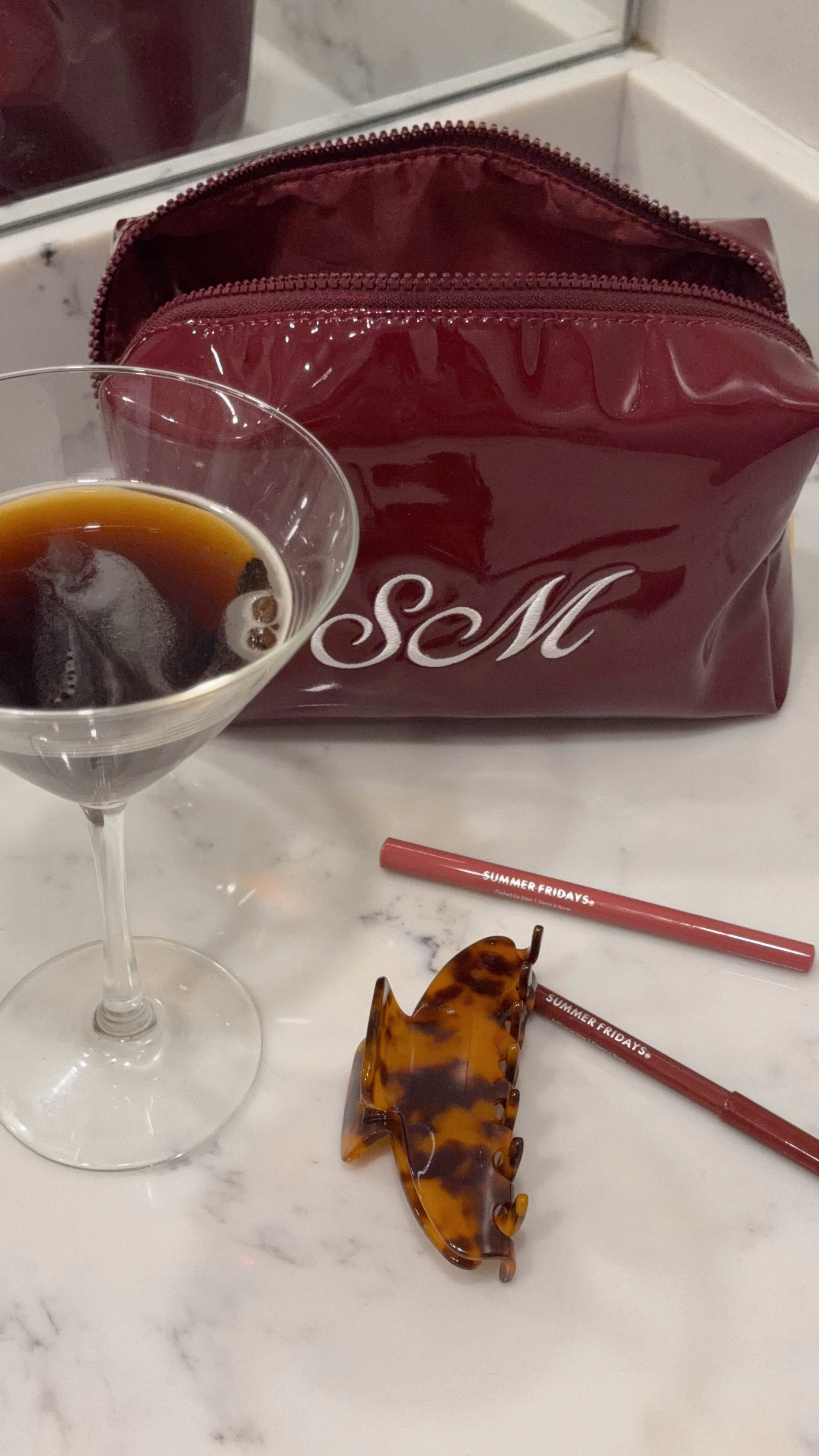 Vegan Patent Pending Leather Embroidered Makeup Bag: Personalized Cosmetic Bag