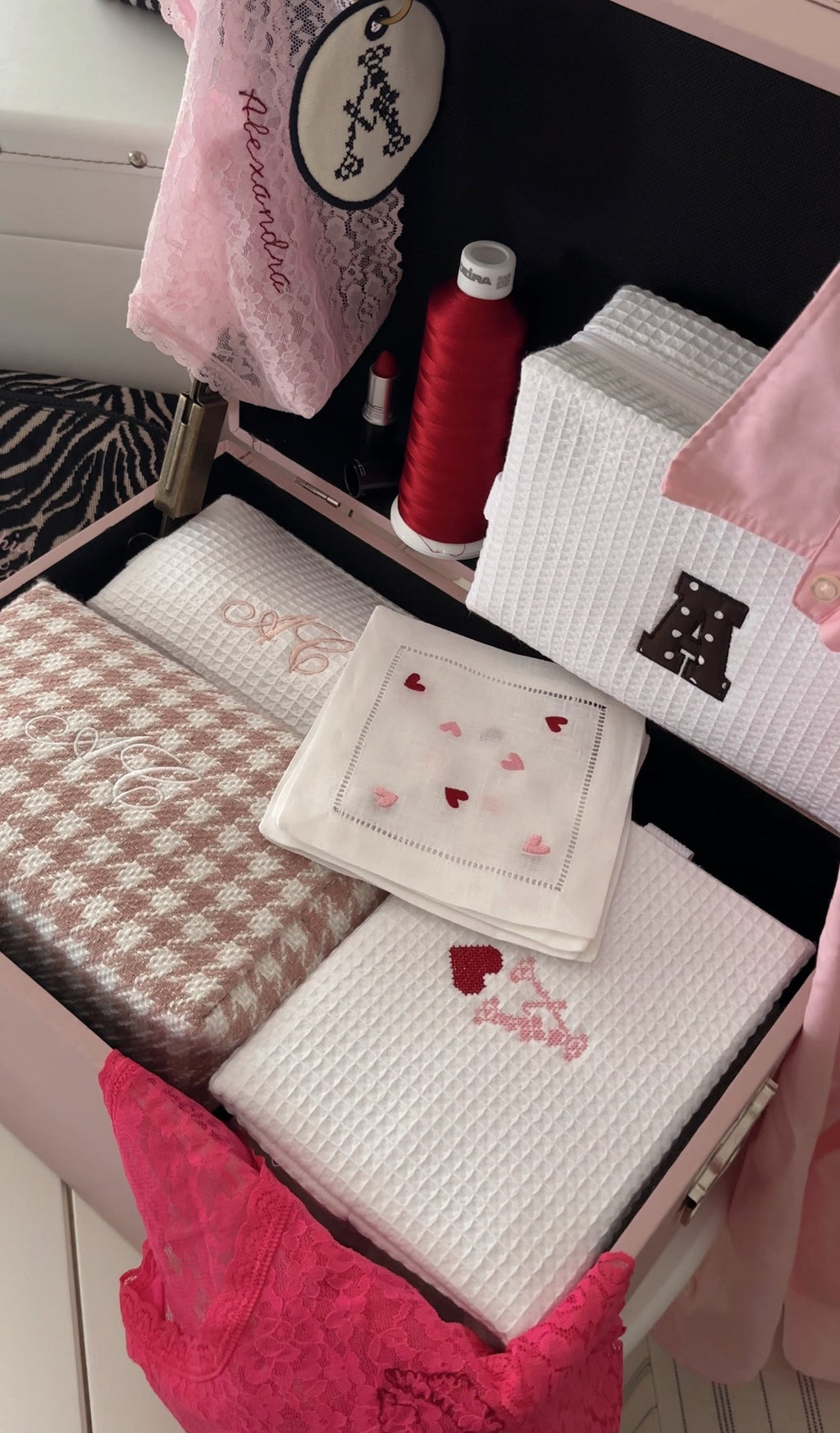 Personalized Brown Polka Dot Embroidered White Waffle Cosmetic Makeup Bag I Embroidered Makeup Bag I Custom Embroidery I Custom Makeup Bag