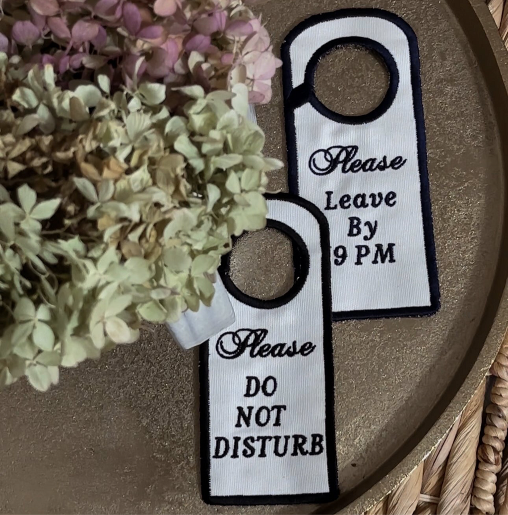 Handmade Embroidered Canvas Door Décor – ‘Please Leave by 9 PM’/‘Please Do Not Distrub’ | Personalizable | Do not disturb sign