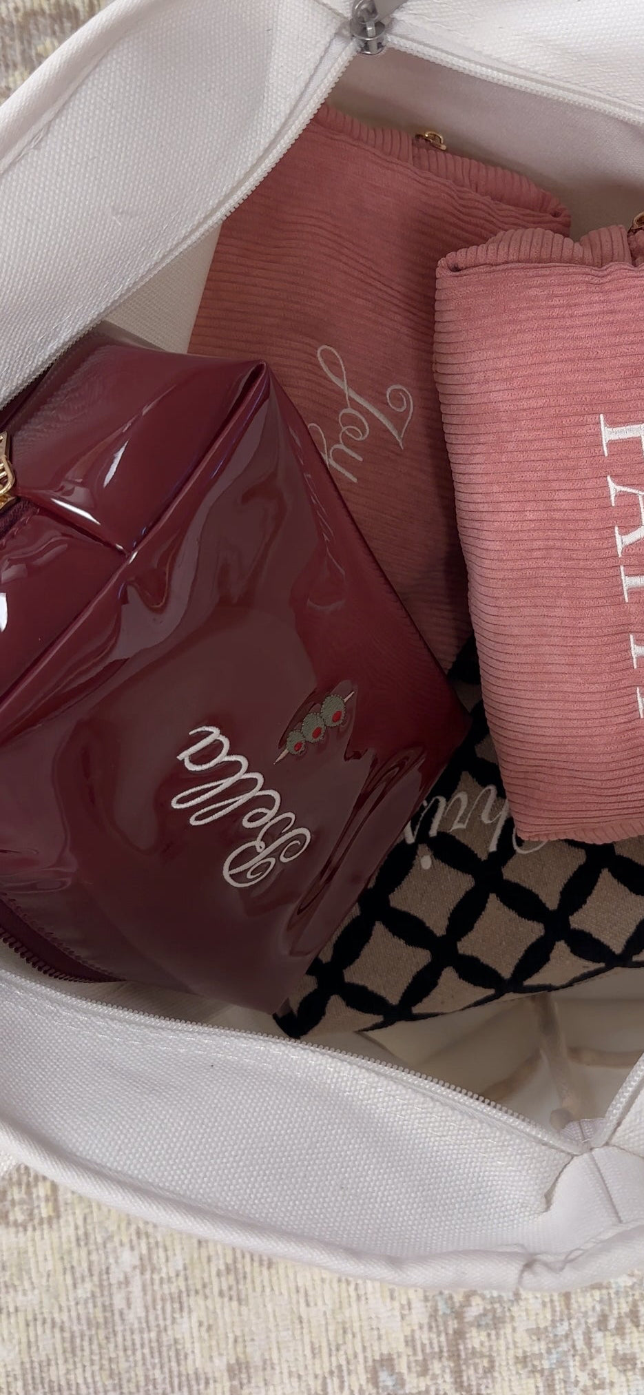 Vegan Patent Pending Leather Embroidered Makeup Bag