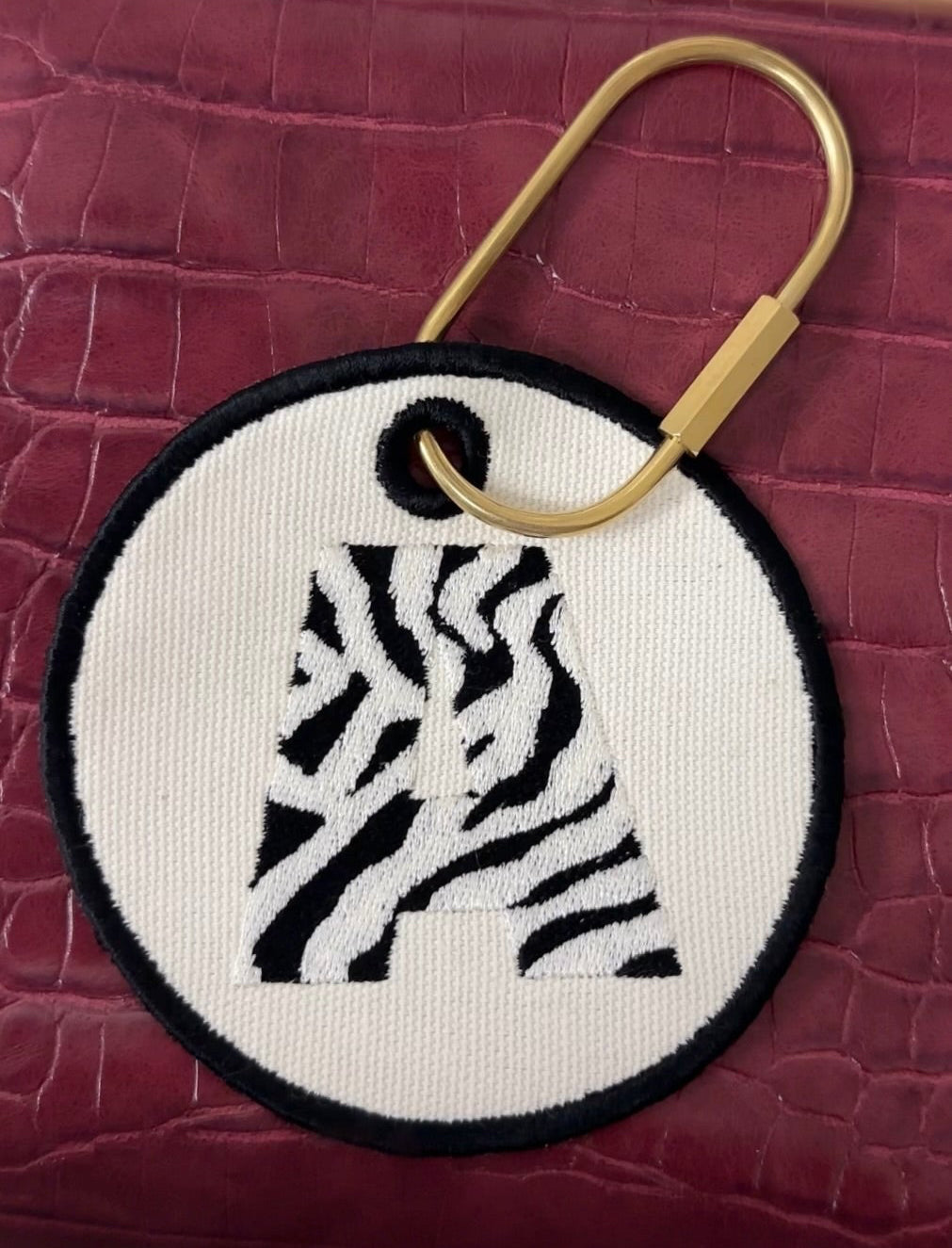 Personalized Embroidered Zebra/Cross Stitch Letter Keychain Tag
