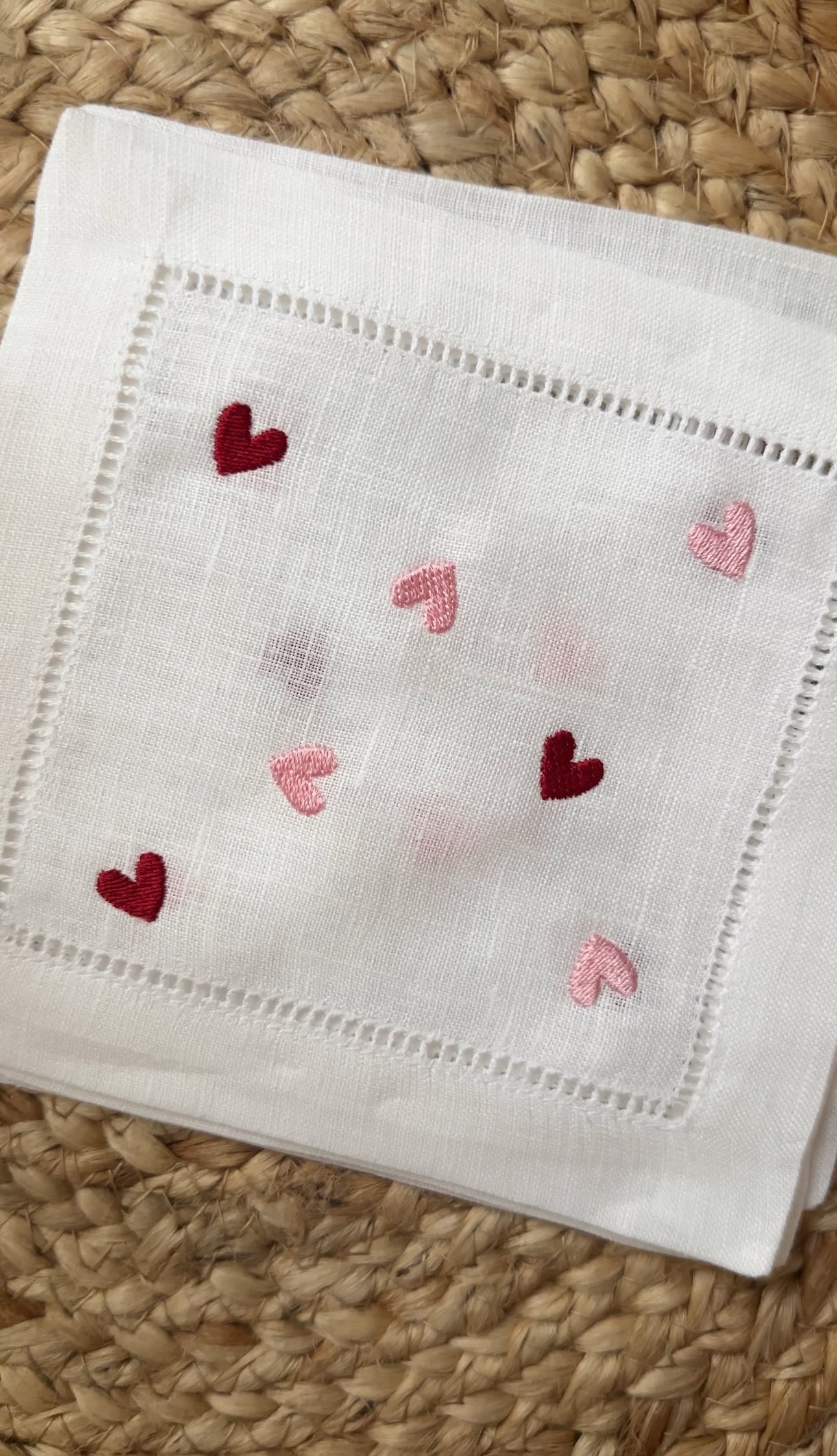 Embroidered Linen Cocktail Napkins: Valentines Pink and Red Scattered Heart Napkins