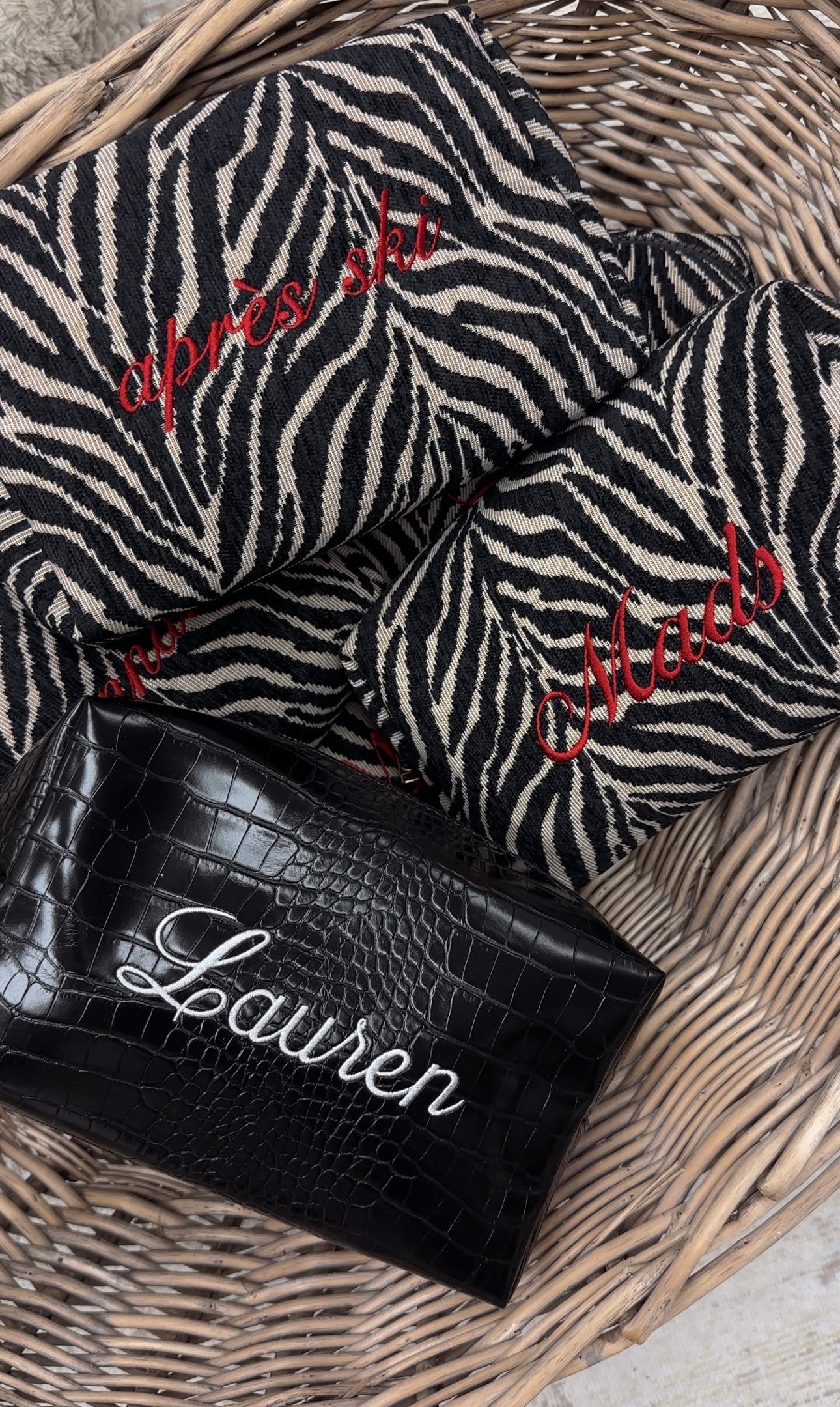 Embroidered Zebra Print Cosmetic Bag: Personalized Makeup Bag