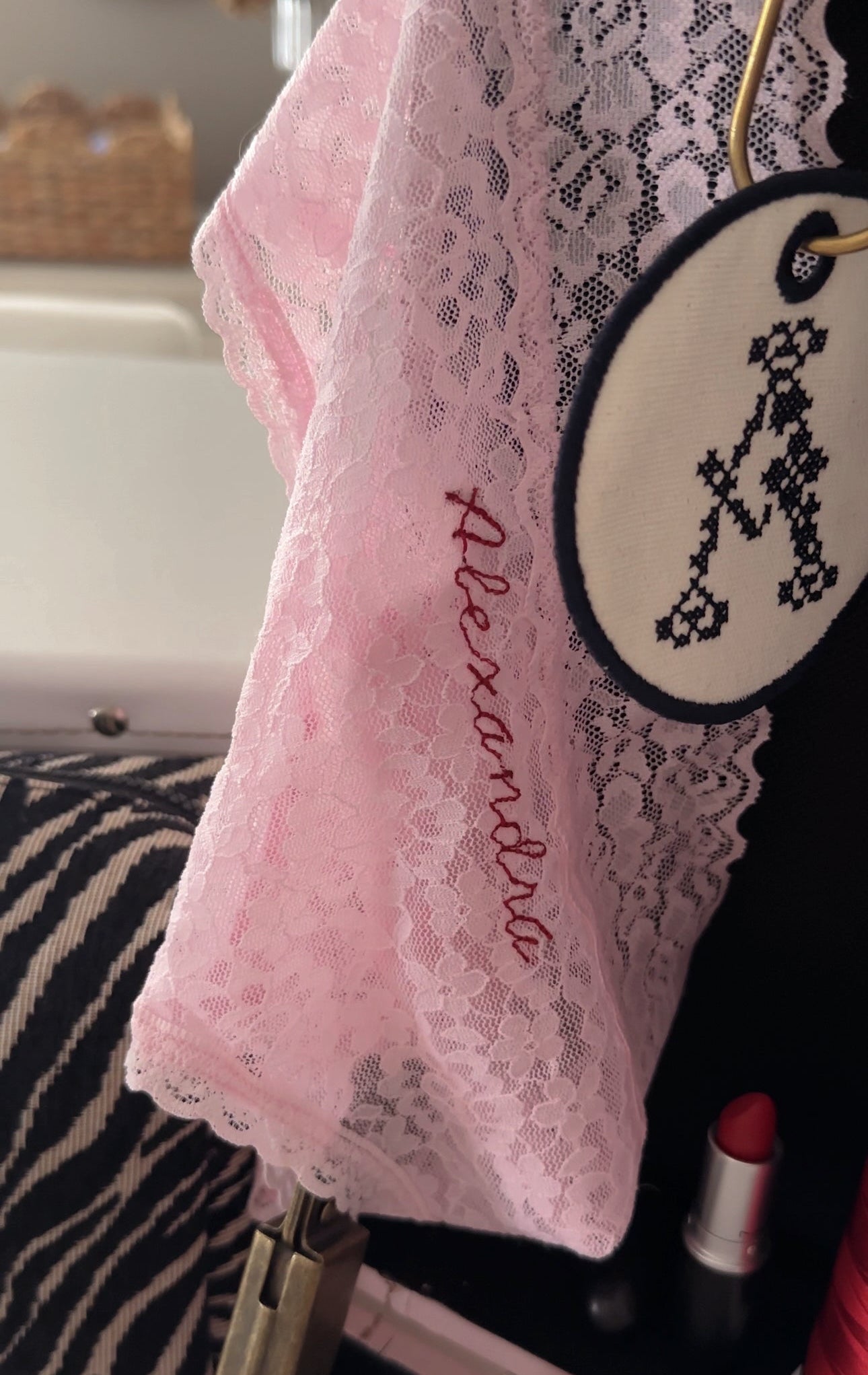 Personalized Embroidered Zebra/Cross Stitch Letter Keychain Tag