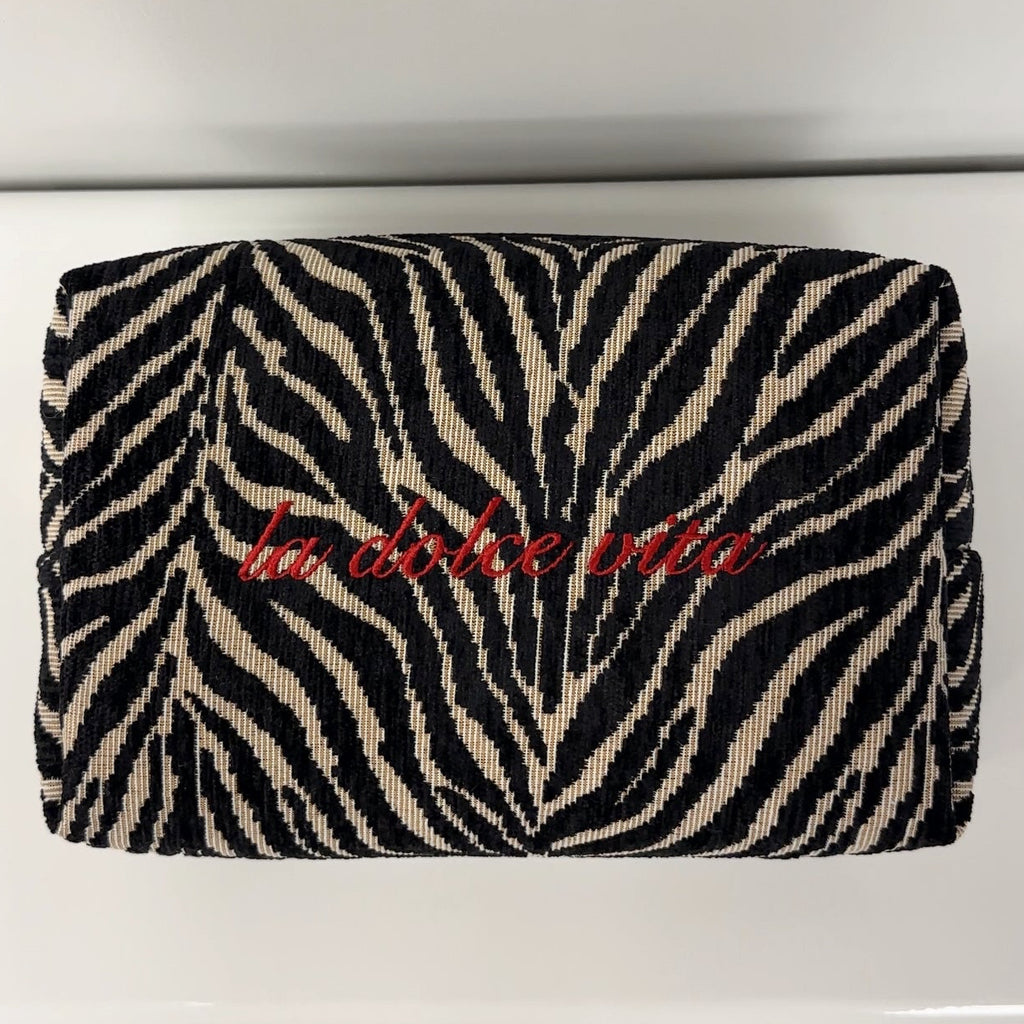 Embroidered Zebra Print Cosmetic Bag